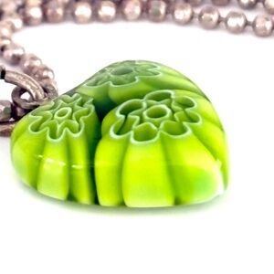 Millefiori Green Glass Heart Pendant Silver 925 Chain Marked Italy